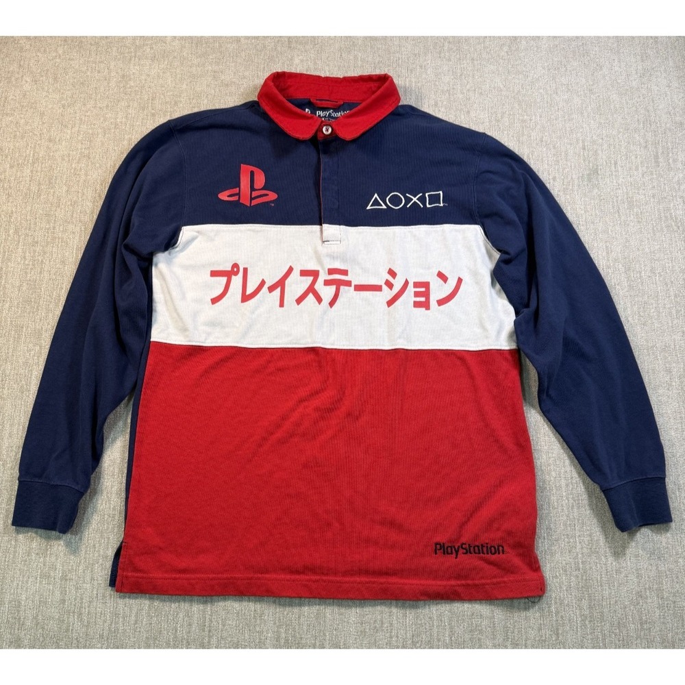 PlayStation Men Rugby Shirt Size M Blue Red Colorblock Japanese Graphic Polo